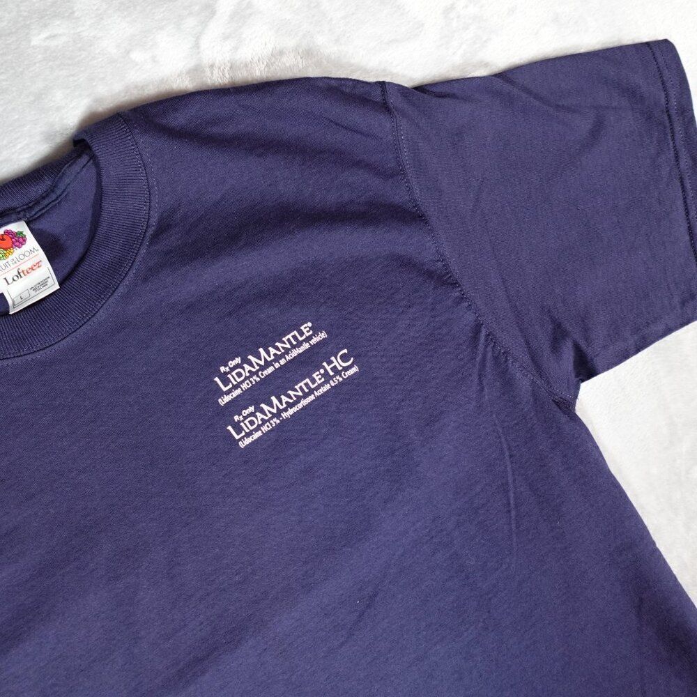 Vintage LidaMantle Pharmaceutical T Shirt Mens L Slim Fit Double Sided Y2K Blue